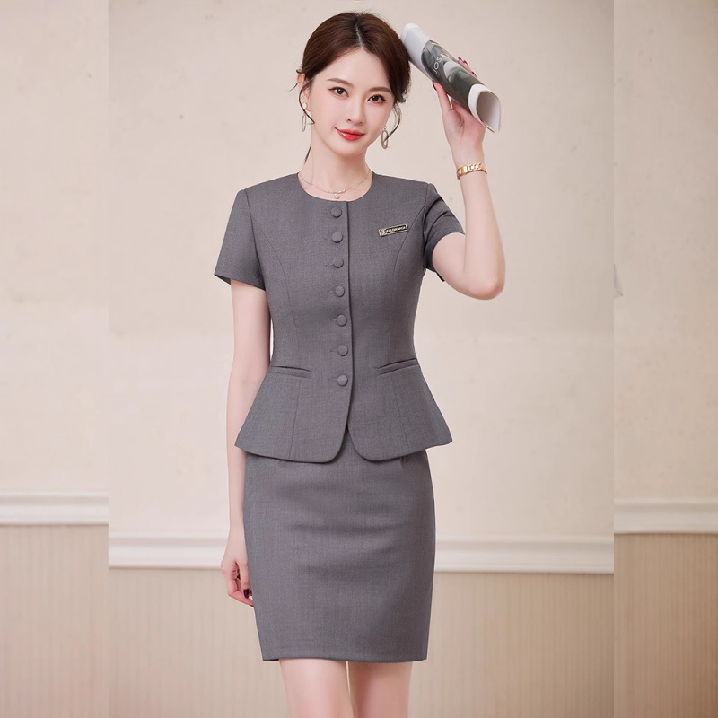 Dress Pant Flat Front - Gray short-sleeved suit dress, professional attire