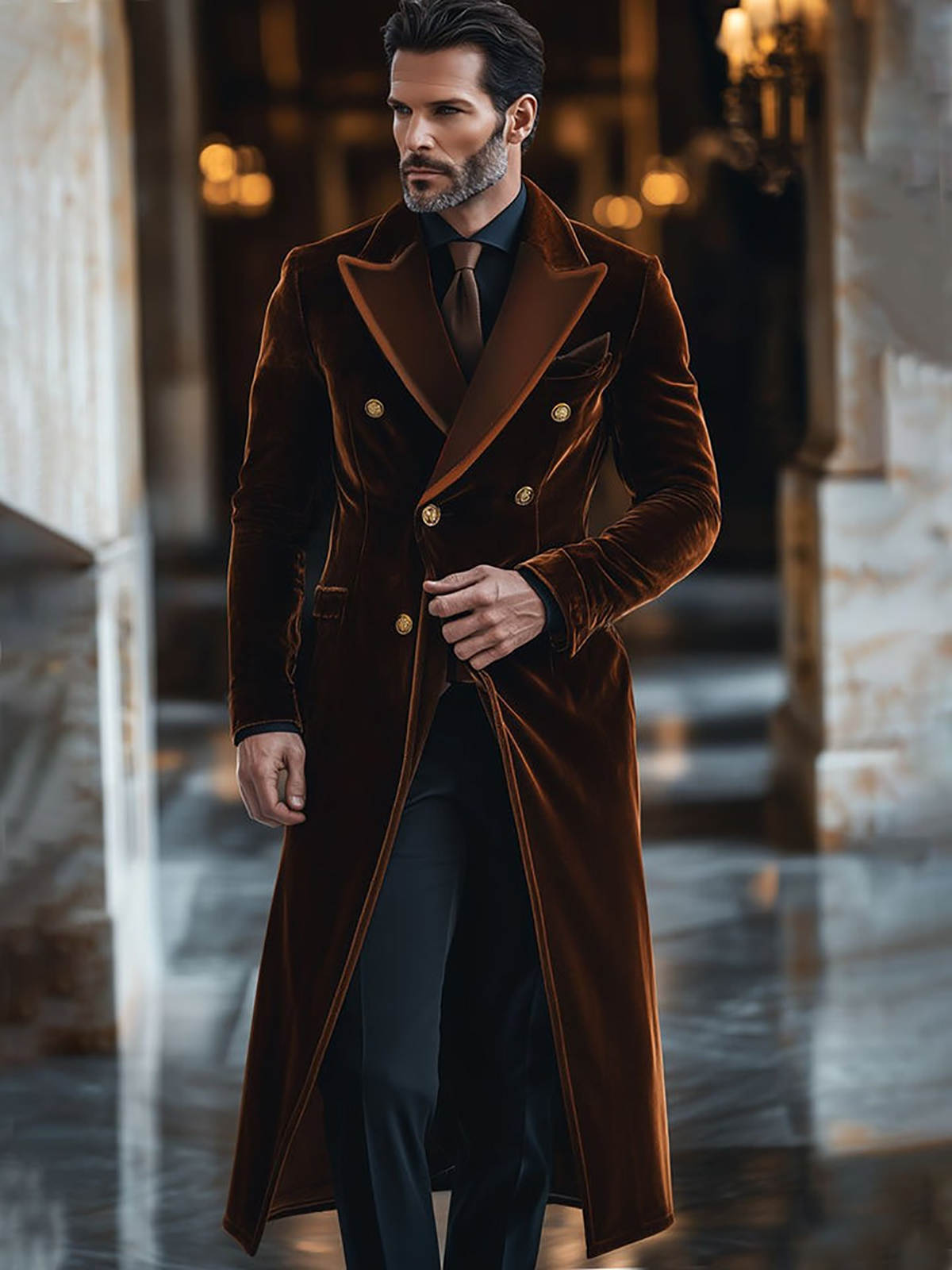 Brown Velvet Men Long Coat Pea – Men'S Formal Wear Waistcoat recenzja i cena